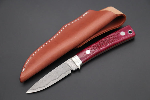 Hattori KD30-845-R Cowry X Damascus Little Wild Hunters  (Drop Point, Strawberry Red Bone Handle)