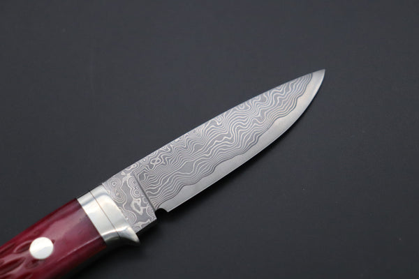 Hattori KD30-845-R Cowry X Damascus Little Wild Hunters  (Drop Point, Strawberry Red Bone Handle)