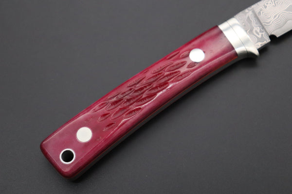 Hattori KD30-845-R Cowry X Damascus Little Wild Hunters  (Drop Point, Strawberry Red Bone Handle)