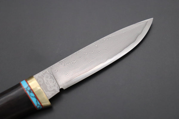Hattori 傘 SAN Limited Edition SAN-106 Cowry-X Damascus Special Utility Hunter "Custom African Ebonywood Handle with Turquoise Composite Stone Ring"
