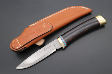 Hattori 傘 SAN Limited Edition SAN-106 Cowry-X Damascus Special Utility Hunter "Custom African Ebonywood Handle with Turquoise Composite Stone Ring"