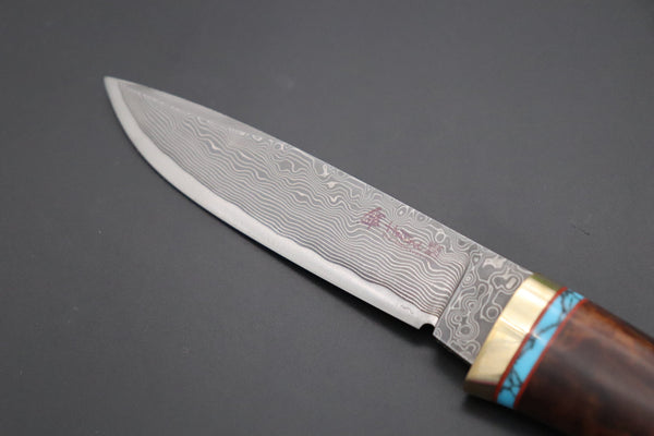 Hattori 傘 SAN Limited Edition SAN-107 Cowry-X Damascus Special Utility Hunter "Custom Desert Ironwood Handle with Turquoise Composite Stone Ring"