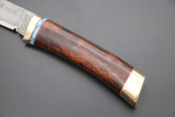 Hattori 傘 SAN Limited Edition SAN-107 Cowry-X Damascus Special Utility Hunter "Custom Desert Ironwood Handle with Turquoise Composite Stone Ring"