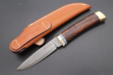 Hattori 傘 SAN Limited Edition SAN-107 Cowry-X Damascus Special Utility Hunter "Custom Desert Ironwood Handle with Turquoise Composite Stone Ring"