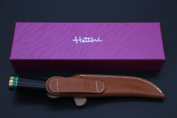 Hattori 傘 SAN Limited Edition SAN-131 Cowry-X Damascus Special Utility Hunter "Custom African Ebonywood Handle with Green Malachite Composite Stone Ring"