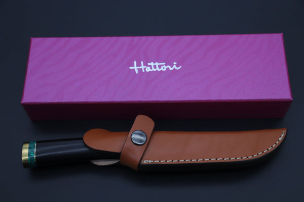 Hattori 傘 SAN Limited Edition SAN-131 Cowry-X Damascus Special Utility Hunter "Custom African Ebonywood Handle with Green Malachite Composite Stone Ring"