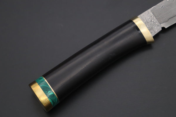 Hattori 傘 SAN Limited Edition SAN-131 Cowry-X Damascus Special Utility Hunter "Custom African Ebonywood Handle with Green Malachite Composite Stone Ring"