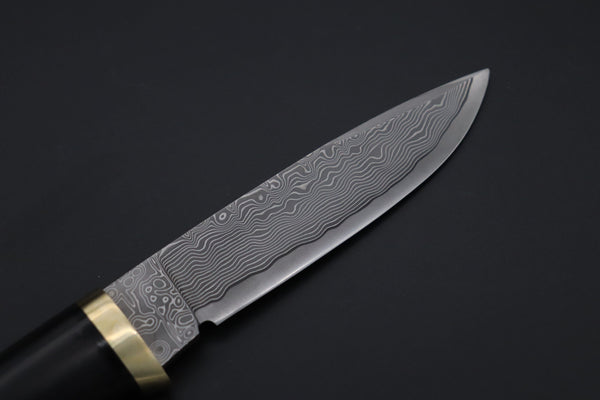 Hattori 傘 SAN Limited Edition SAN-131 Cowry-X Damascus Special Utility Hunter "Custom African Ebonywood Handle with Green Malachite Composite Stone Ring"