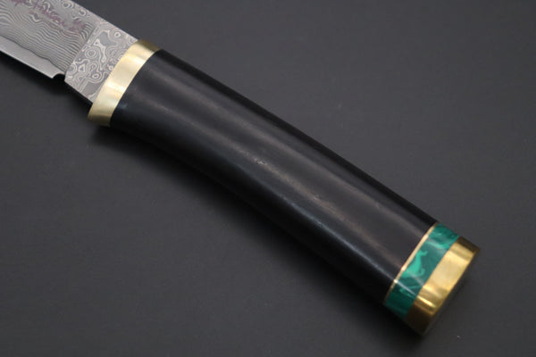 Hattori 傘 SAN Limited Edition SAN-131 Cowry-X Damascus Special Utility Hunter "Custom African Ebonywood Handle with Green Malachite Composite Stone Ring"