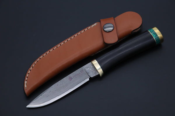 Hattori 傘 SAN Limited Edition SAN-131 Cowry-X Damascus Special Utility Hunter "Custom African Ebonywood Handle with Green Malachite Composite Stone Ring"