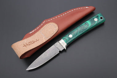 Hattori 傘 SAN Limited Edition SAN-78G Limited Cowry-X Damascus EDC Utility Hunter (Green Malachite Gem-Composite Stone Handle)
