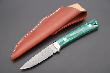 Hattori 傘 SAN Limited Edition SAN-78G2 Limited Cowry-X Damascus EDC Utility Hunter (Green Malachite Gem-Composite Stone Handle)