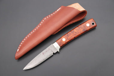 Hattori 傘 SAN Limited Edition SAN-78Q Limited Cowry-X Damascus EDC Utility Hunter (Quince Burl Wood Handle)