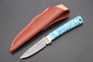 Hattori 傘 SAN Limited Edition SAN-78T2 Limited Cowry-X Damascus EDC Utility Hunter (Turquoise Gem-Composite Stone Handle)