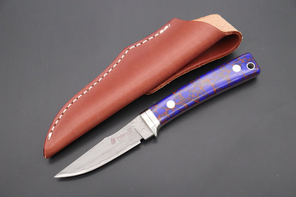 Hattori 傘 SAN Limited Edition SAN-79DT Limited Cowry-X Damascus Little Hunter (Clip Point, Deep Blue Turquoise Gem-Composite Stone Handle)