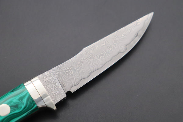 Hattori 傘 SAN Limited Edition SAN-79G Limited Cowry-X Damascus Little Hunter (Clip Point, Green Malachite Gem-Composite Stone Handle)