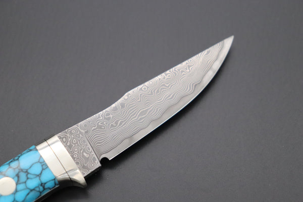 Hattori 傘 SAN Limited Edition SAN-79T Limited Cowry-X Damascus Little Hunter (Clip Point, Turquoise Gem-Composite Stone Handle)
