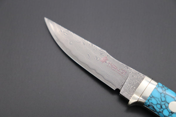 Hattori 傘 SAN Limited Edition SAN-79T Limited Cowry-X Damascus Little Hunter (Clip Point, Turquoise Gem-Composite Stone Handle)