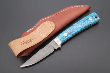 Hattori 傘 SAN Limited Edition SAN-79T Limited Cowry-X Damascus Little Hunter (Clip Point, Turquoise Gem-Composite Stone Handle)