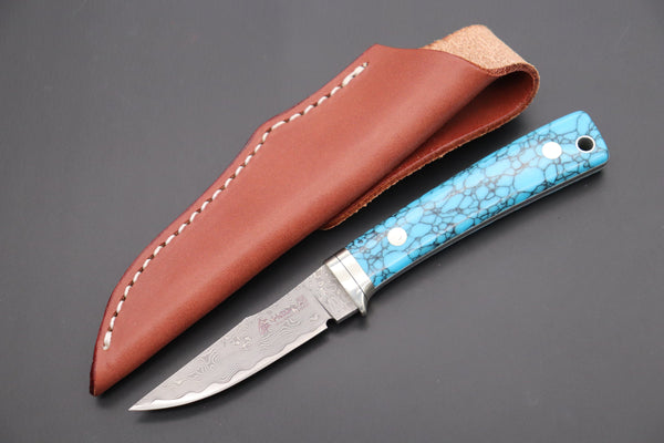 Hattori 傘 SAN Limited Edition SAN-79T2 Limited Cowry-X Damascus Little Hunter (Clip Point, Turquoise Gem-Composite Stone Handle)