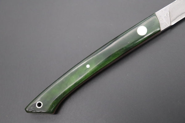 Hattori 傘 SAN Limited Edition SAN-85 Cowry-X Damascus Slim Utility “Hattori Custom Elegant Smooth Green Bone Handle”