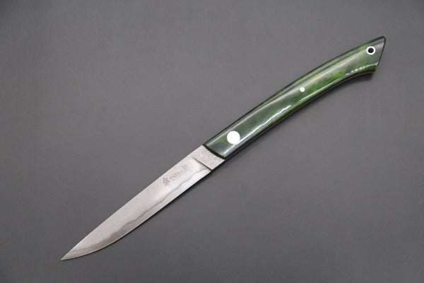Hattori 傘 SAN Limited Edition SAN-87 Cowry-X Damascus Slim Utility “Hattori Custom Elegant Smooth Green Bone Handle”