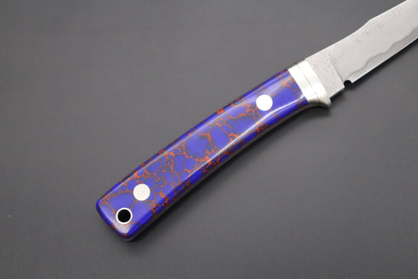 Hattori 傘 SAN Limited Edition SAN-91 Limited Cowry-X Damascus Little Hunter (Clip Point, Deep Blue Turquoise Gem-Composite Stone Handle)