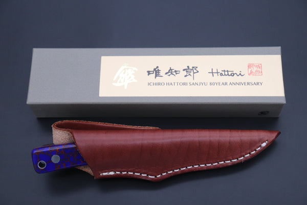 Hattori 傘 SAN Limited Edition SAN-91 Limited Cowry-X Damascus Little Hunter (Clip Point, Deep Blue Turquoise Gem-Composite Stone Handle)