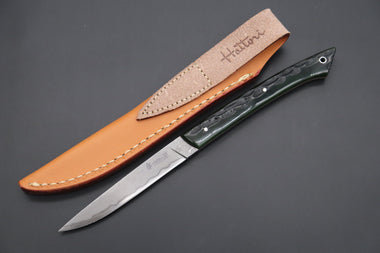 Hattori 傘 SAN Limited Edition SAN-96 Cowry-X Damascus Slim Utility “Hattori Custom Green Jigged Bone Handle”