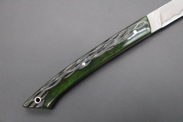 Hattori 傘 SAN Limited Edition SAN-96 Cowry-X Damascus Slim Utility “Hattori Custom Green Jigged Bone Handle”