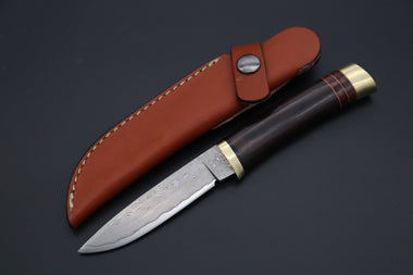 Hattori 傘 SAN Limited Hattori Natures Edition SAN-145 Cowry-X Damascus Special Utility Hunter "Custom Combination Handle African Ebonywood Handle with African Ebonywood" - JapaneseKnifeDirect.Com