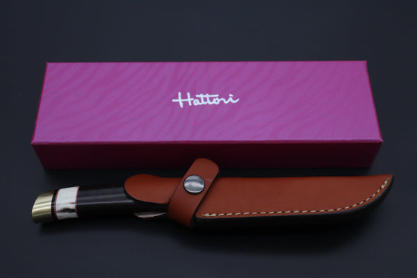 Hattori 傘 SAN Limited Hattori Natures Edition SAN-146 Cowry-X Damascus Special Utility Hunter "Custom Combination Handle African Ebonywood Handle with Stag" - JapaneseKnifeDirect.Com
