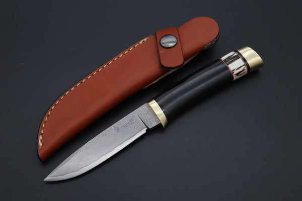 Hattori 傘 SAN Limited Hattori Natures Edition SAN-146 Cowry-X Damascus Special Utility Hunter "Custom Combination Handle African Ebonywood Handle with Stag" - JapaneseKnifeDirect.Com