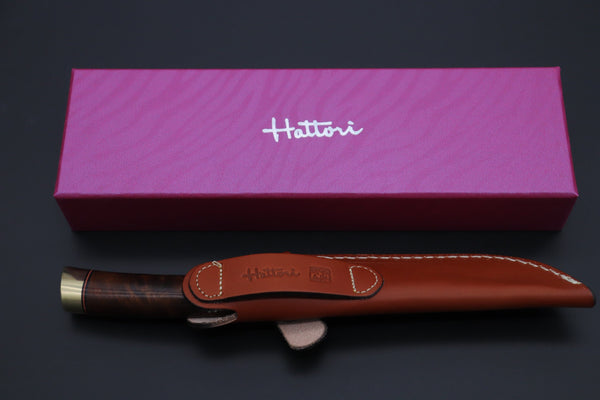 Hattori 傘 SAN Limited Hattori Natures Edition SAN-147 Cowry-X Damascus Special Utility Hunter "Custom Combination Handle Desert Ironwood Handle with Spiny Oyster Gem-Composite Stone"