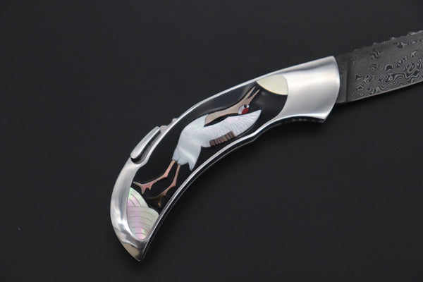 Ikuo Nagata Custom Folding Knife - IN-110 Red-Crowned Crane Raden Art
