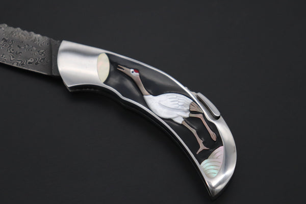 Ikuo Nagata Custom Folding Knife - IN-110 Red-Crowned Crane Raden Art