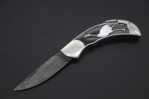 Ikuo Nagata Custom Folding Knife - IN-110 Red-Crowned Crane Raden Art