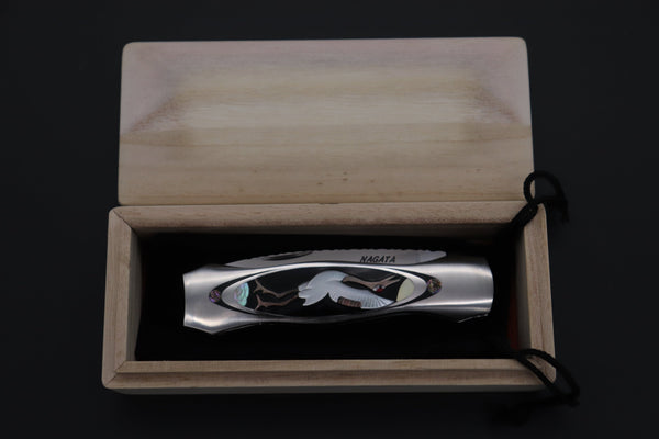 Ikuo Nagata Custom Folding Knife - IN-115 "STILETTO" Red-Crowned Crane Raden Art