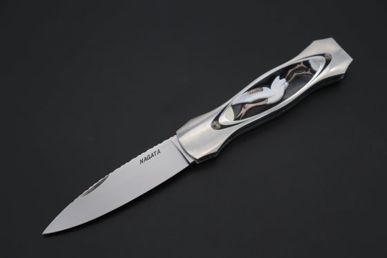 Ikuo Nagata Custom Folding Knife - IN-115 "STILETTO" Red-Crowned Crane Raden Art