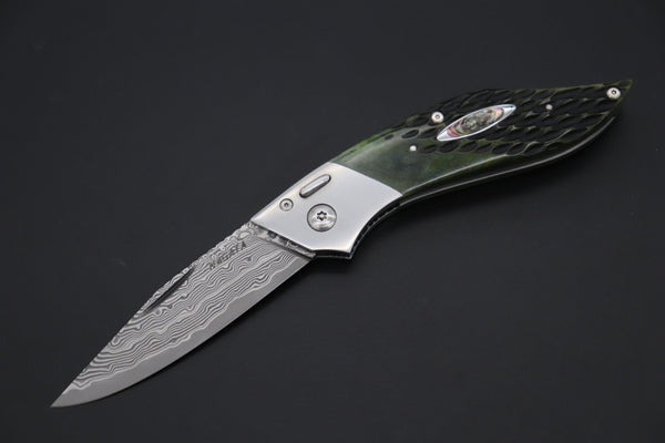 Ikuo Nagata Custom Folding Knife  – IN-120 “Abalone Eye in Green Forest”