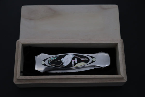 Ikuo Nagata Custom Folding Knife - IN-135 "STILETTO" Red-Crowned Crane Raden (螺鈿) Art