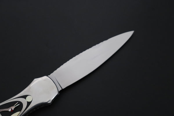 Ikuo Nagata Custom Folding Knife - IN-135 "STILETTO" Red-Crowned Crane Raden (螺鈿) Art
