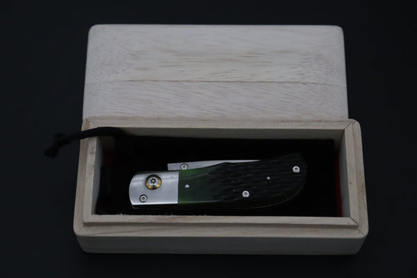 Ikuo Nagata Custom Folding Knife - IN-150 Bullet inlaid Jigg Bone Handle with Multi-Function Button