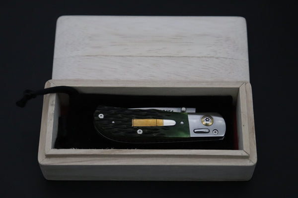 Ikuo Nagata Custom Folding Knife - IN-150 Bullet inlaid Jigg Bone Handle with Multi-Function Button