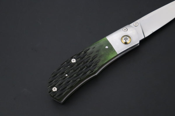 Ikuo Nagata Custom Folding Knife - IN-150 Bullet inlaid Jigg Bone Handle with Multi-Function Button