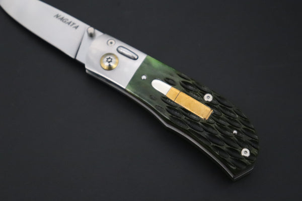 Ikuo Nagata Custom Folding Knife - IN-150 Bullet inlaid Jigg Bone Handle with Multi-Function Button