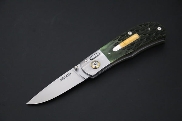 Ikuo Nagata Custom Folding Knife - IN-150 Bullet inlaid Jigg Bone Handle with Multi-Function Button