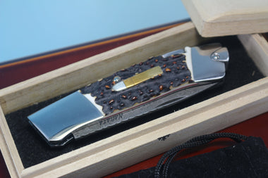Ikuo Nagata IN-40 Carbon Damascus Back-Lock Folder, Sambar Stag Handle with Bullet inlay