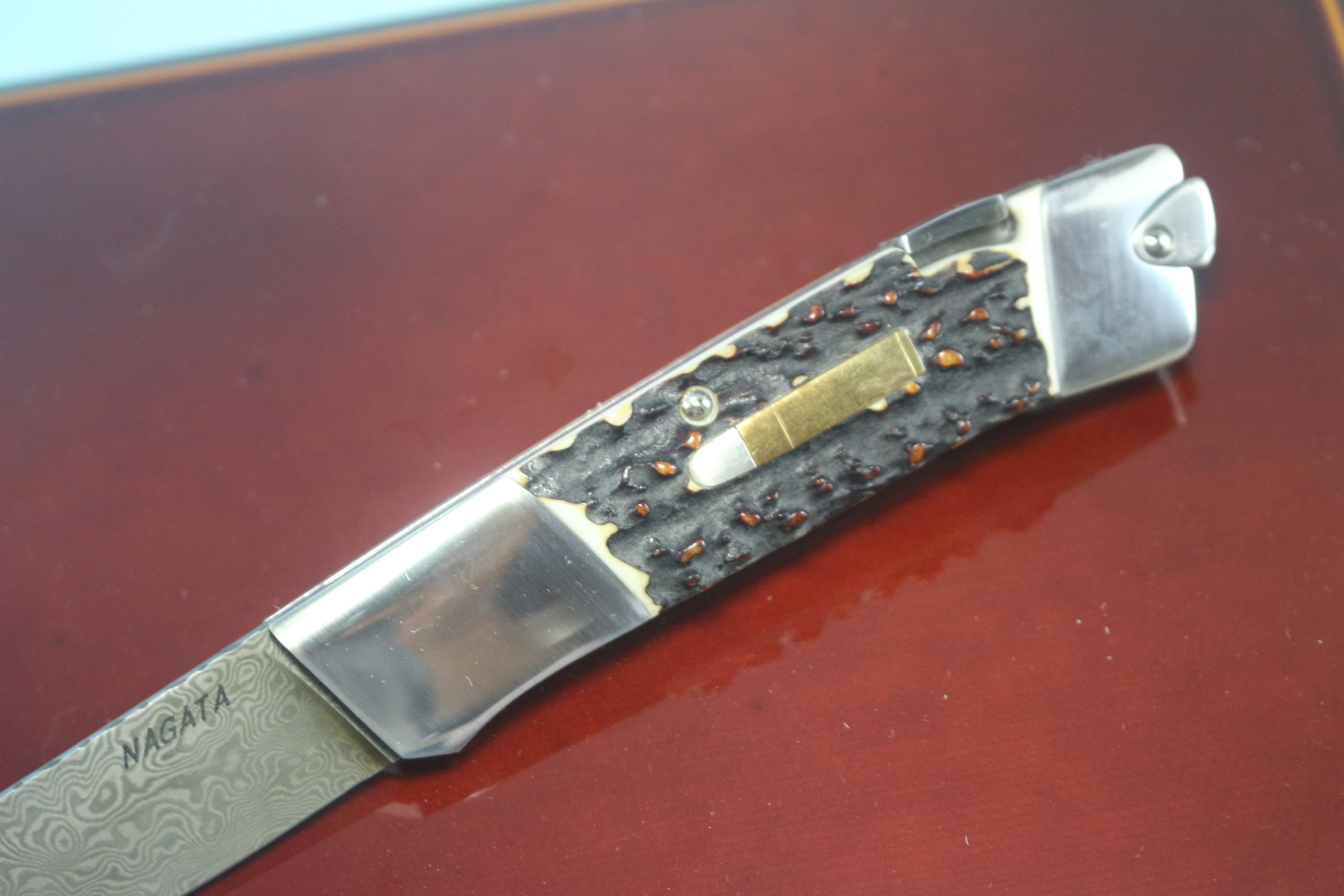Back Lock Folder Ikuo Nagata IN-40 Carbon Damascus Back-Lock Folder, Sambar Stag Handle