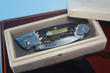 Ikuo Nagata IN-60 RWL-34 Double Assisted Folder, Sambar Stag Handle